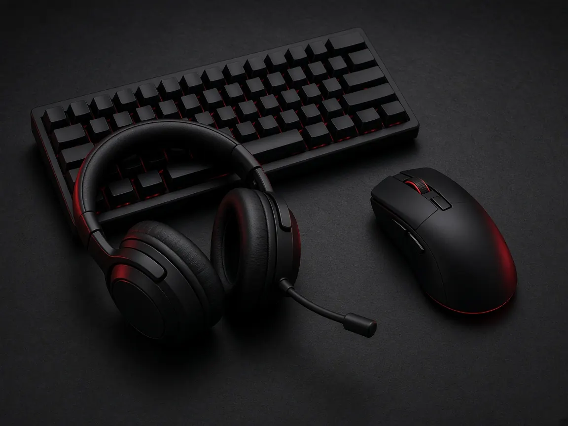 Headset, teclado y mouse gamer sobre fondo oscuro