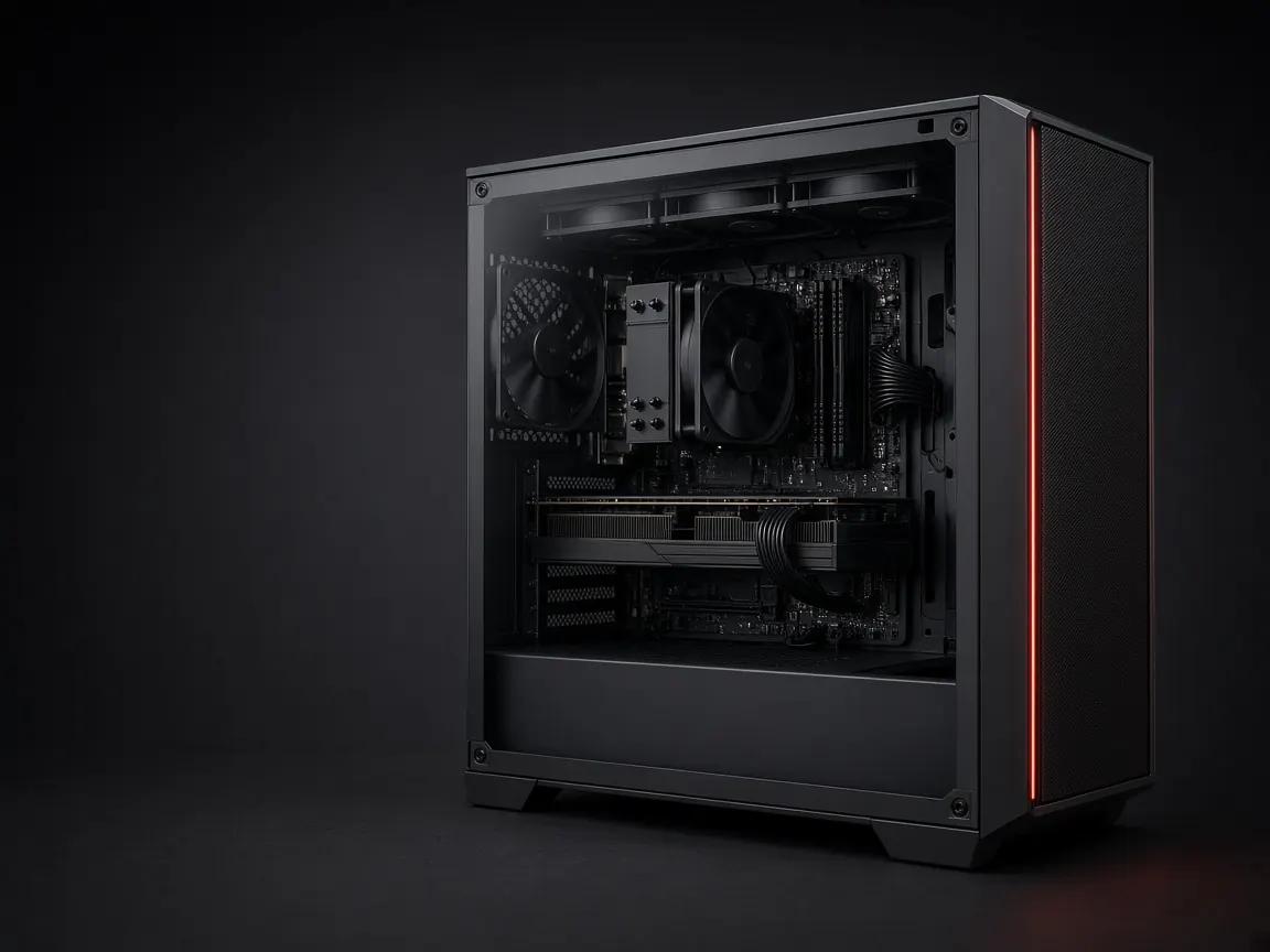 Gabinete gamer negro con tarjeta gráfica y refrigeración
